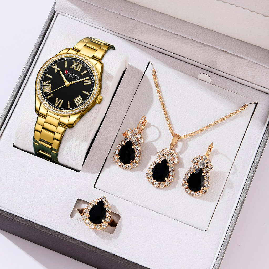CURREN Original Women Watch Large Dial Gold Luxo Ouro Aço Inoxidável À Prova D'água Casual Business Sports Quartz Analog Set 5 Pcs 9088-4