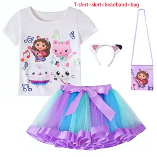 Summer Girls Gabbys Dollhouse Cosplay Clothes T-shirt + Skirt + Bag + Headband Sets Fantasia De Aniversário