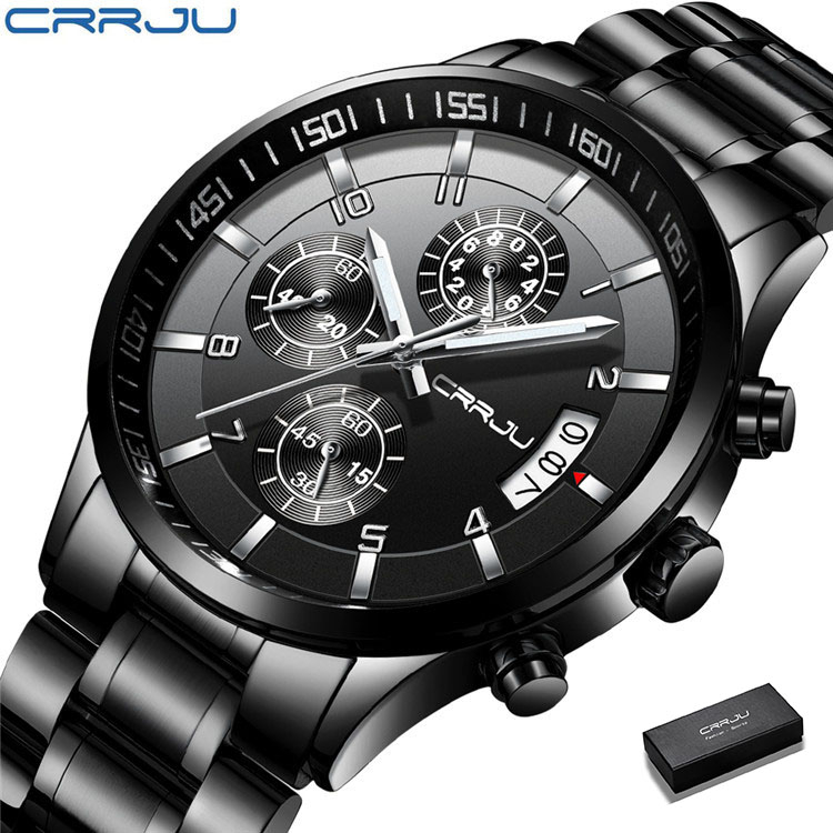 CRRJU Relógio Masculino Marca Original Aço Inoxidável Sólido Multifuncional Cronógrafo Quartzo Impermeável Moda Casual Esportes Com Caixa 2214 S