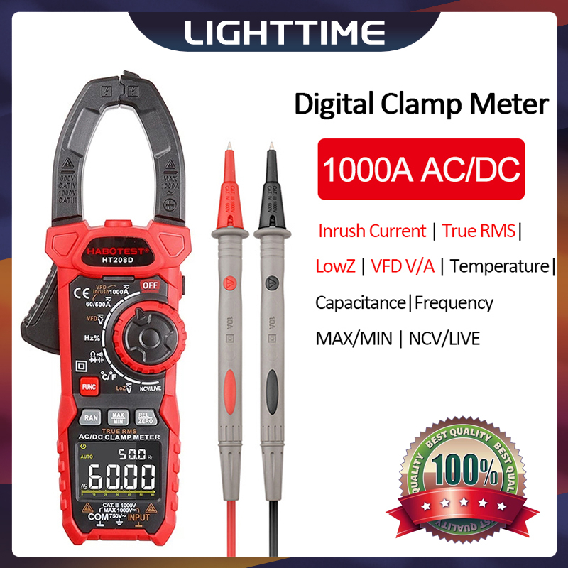 HT208A/208D Pinça Amperimétrica Digital 1000A 1000V AC De Corrente DC Alicate RMS Verdadeiro Amperímetro Voltímetro VFD REL Ohm Testador De Capacitor