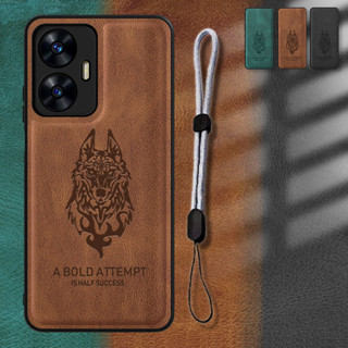 Estojo De Couro Para Realme C55 Com Design Ajustável De Corda De Telefone Wolf