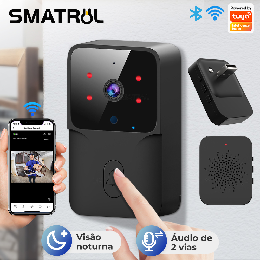 SMATRUL Tuya campainha sem fio inteligente wi-fi ao ar livre câmera HD visão noturna interfone visual monitoramento doméstico