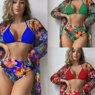 2023 Novo Estilo Blusa De Malha Dividida Comércio Exterior Europeu Americano Biquíni De Fato De Banho Impresso Feminino De Três Peças