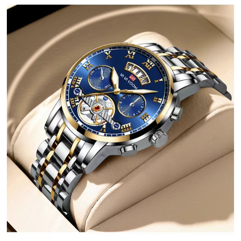 Moda Em Aço Inoxidável Tourbillon De Luxo À Prova D'água Calendário De Quartzo Relógio De Pulso Masculino Luminoso