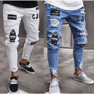 Calças de ganga slim fit masculinas rasgadas e decoradas