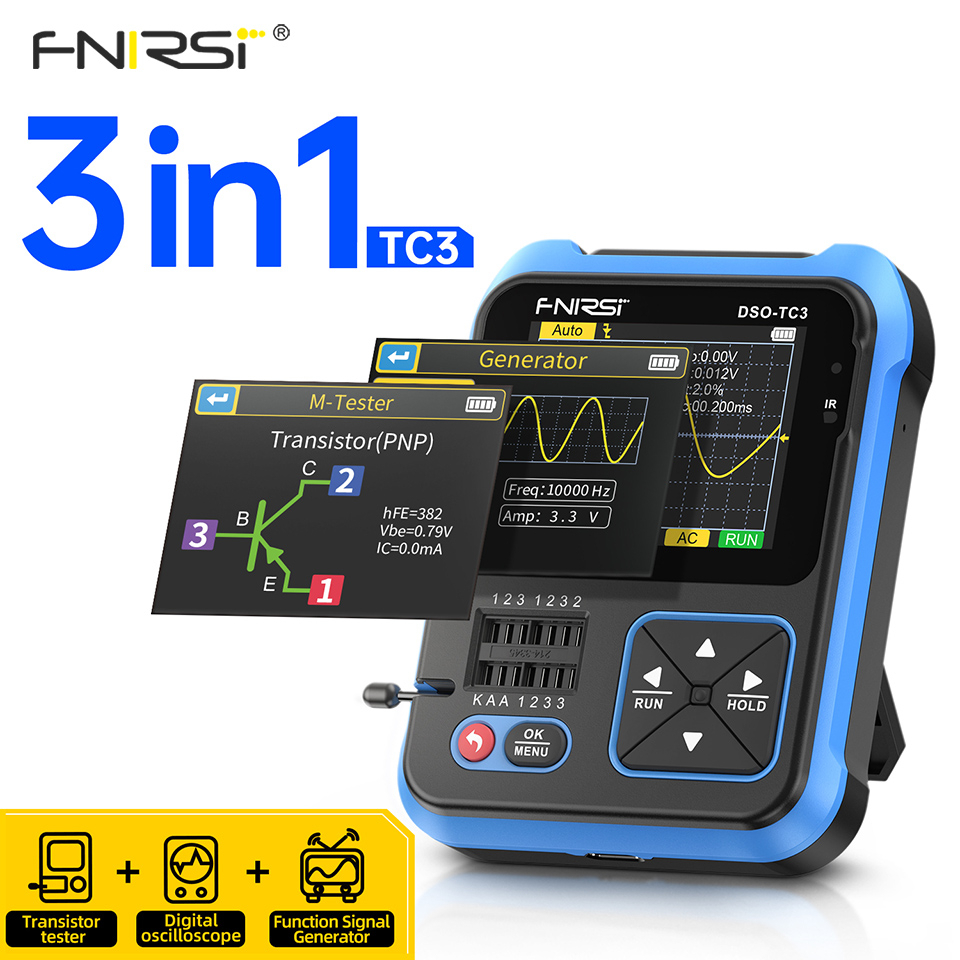 FNIRSI DSO-TC3 Osciloscópio Digital 3 Em 1 Função Gerador De Sinal Teste De Tensão Do Transistor 500KHz 10MS/s