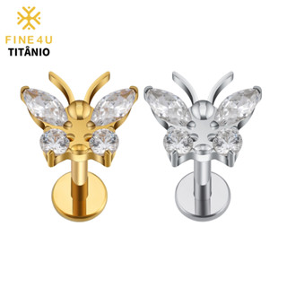 FINE4U Piercing Borboleta Titânio Com Zircônia Para Helix Conch Cartilagem e Outros Interno Roscado Hipoalergênica ASTM F136 Titânio