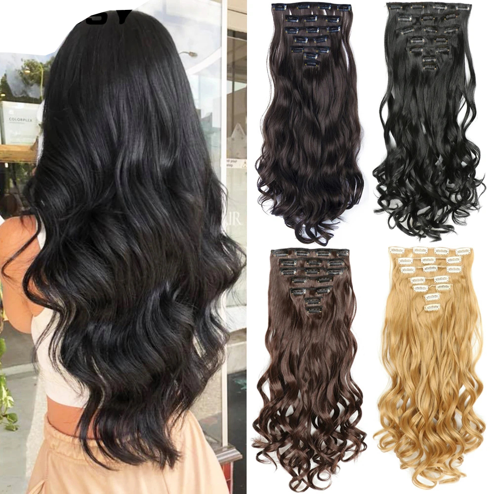 Polegada Longo Ondulado Extensão Do Cabelo 7 22 Pçs/Set 16 Clips Alta Tempreture Peruca Sintética Grampo Em Extensões