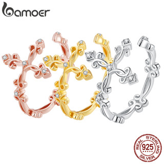 Bamoer 925 Real Silver Retro Pattern Cross Anel De Dedo Ajustável Para Mulheres Anéis De Flor Vintage BSR041