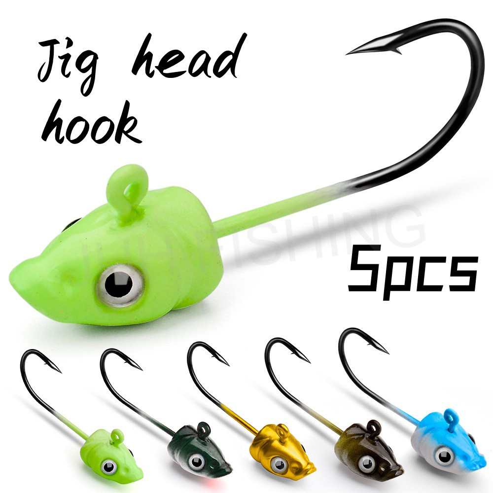 【 5pcs 】 Jig Anzol De Cabeça Farpado De Chumbo Para Isca Macia De Pesca A Em Jangada De Robalo Parede