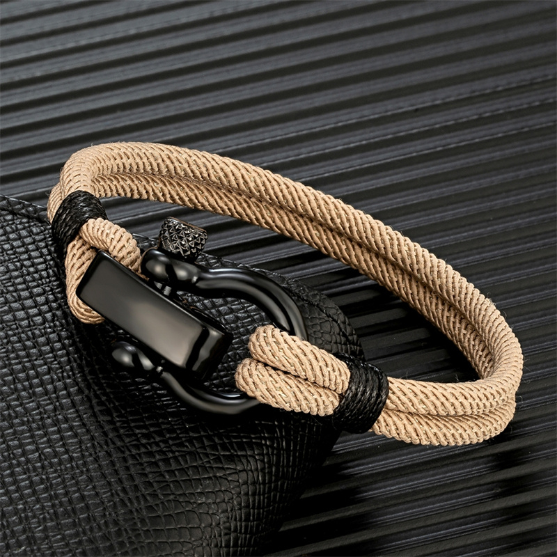 MKENDN Black Bracelete Ajustável Em Ferradura De Aço Inoxidável Cavalo Moda Milão Corda Camadas Duplas Homem