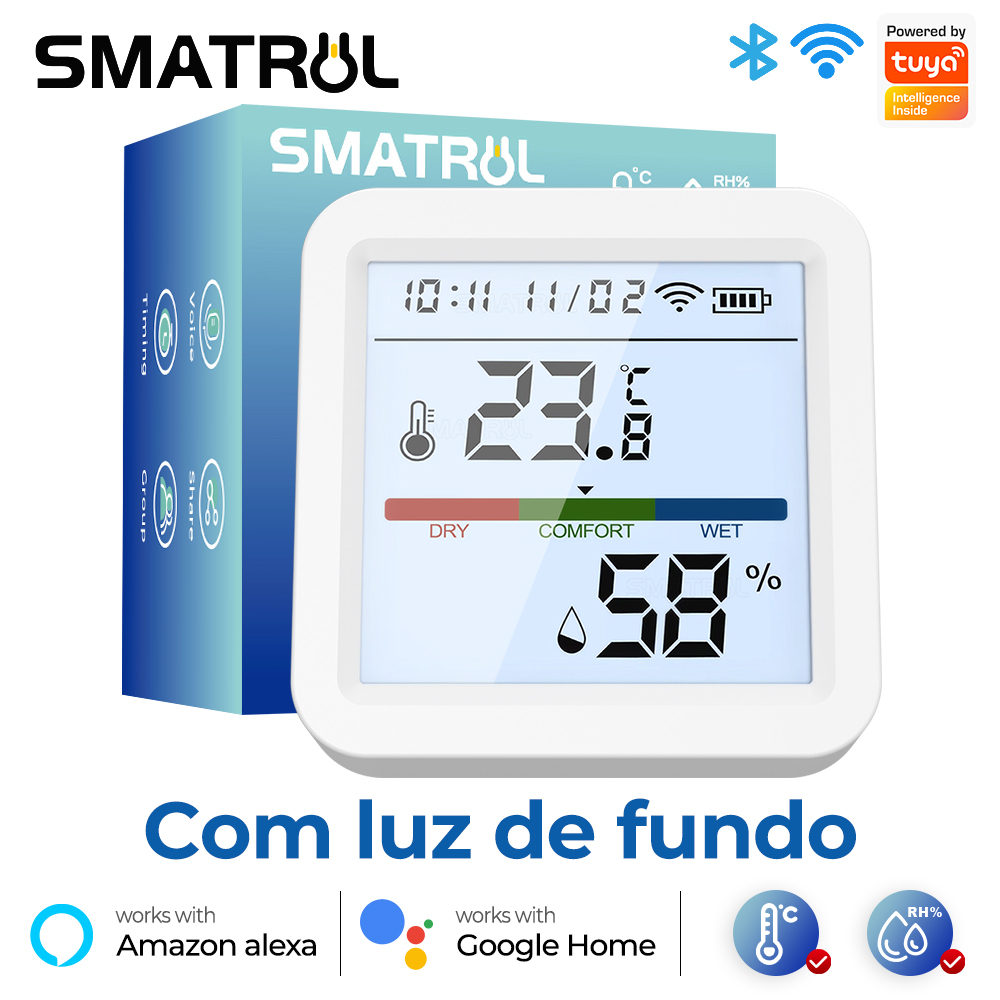 SMATRUL com luz de fundo Tuya Sensor de temperatura e umidade Wifi Smart Life Controle remoto Suporte Alexa Google Home em Oferta na Shopee