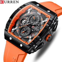 CURREN Relógios Masculinos Originais Chronograph Top Brand Fashion Luxury Retro Casual Sport Square Discagem Quadrada De Silicone Quartzo Análogo À Prova D'água 8442 XQ