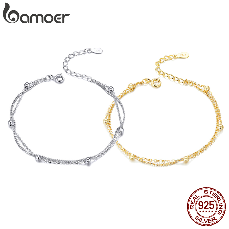 Bamoer 925 Pulseira Cadeia Mulheres Rodada Beads Double Layers Chain Link Pulseiras Feminino Jóias De Prata Esterlina 2019 Scb131 em Oferta na Shopee