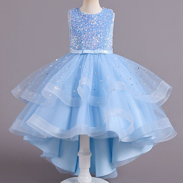 Meninas Princesas Lantejoulas Baby Solid Wedding Party Trailing Dress Crianças Juvenis Elegante Tank Top Performance Por 3-14 Anos