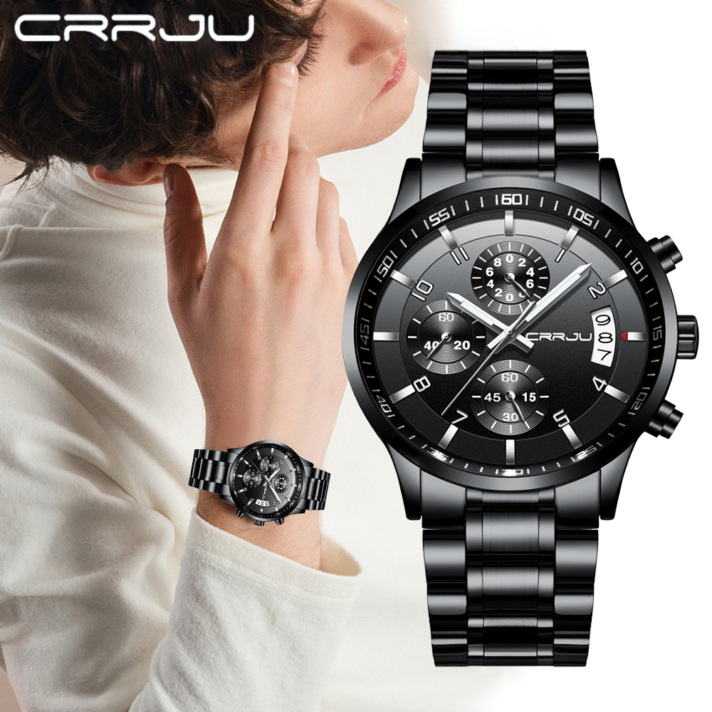 CRRJU Relógio Masculino Marca Original Aço Inoxidável Sólido Multifuncional Cronógrafo Quartzo Impermeável Moda Casual Esportes Com Caixa 2214 S