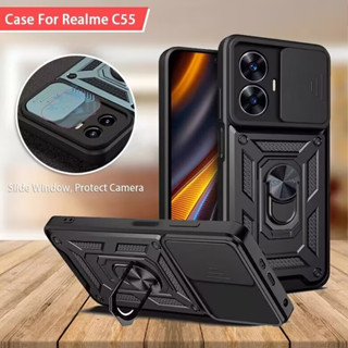 Realme C55 Caixa Dura Push pull Slide Lens Armadura De Anel De Suporte Do Telefone À Prova De Choque