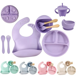 Conjunto Prato De Jantar De Silicone Para Bebês Com Tigela De Otário Sippy Cup Bibs Colher De Garfo BPA Pratos De Alimentação Crianças Sem