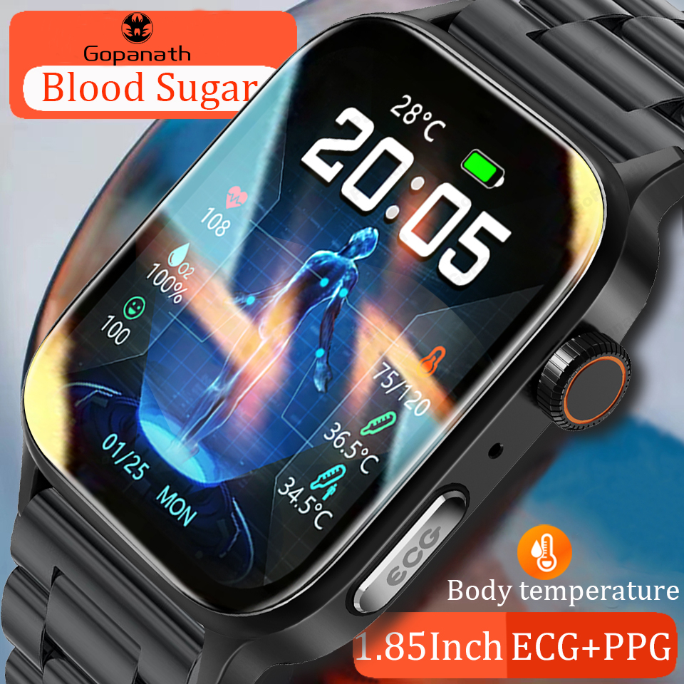 2023 Glicose No Sangue Não Invasiva GT22 Novo Smartwatch Relógio Inteligente Masculino PPG + ECG De 1,85 Polegadas Tela Full Touch HD IP67 Bluetooth À Prova D'água Chamada Smartwatches