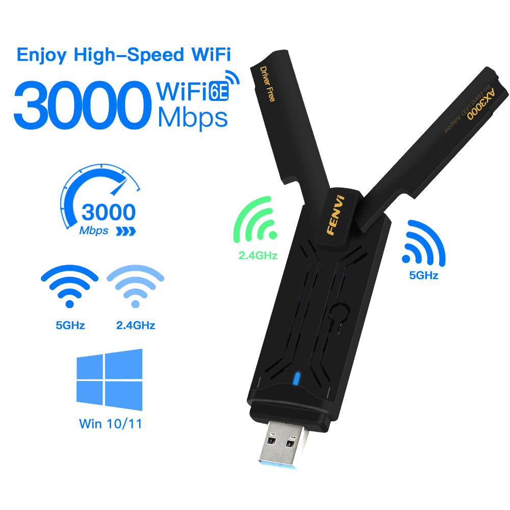 Fenvi WiFi6E Adaptador WiFi USB3.0 AX3000 Placa Sem Fio Tri-Band Dongle USB Wlan Receptor Para Laptop/PC Win10/11 Grátis