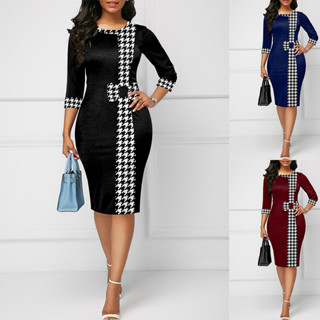 Vestido Feminino Cintura Alta Festa Ocasião Formal Houndstooth Elegante Patchwork Verão Moda Plus Size Roupas Para Mulheres
