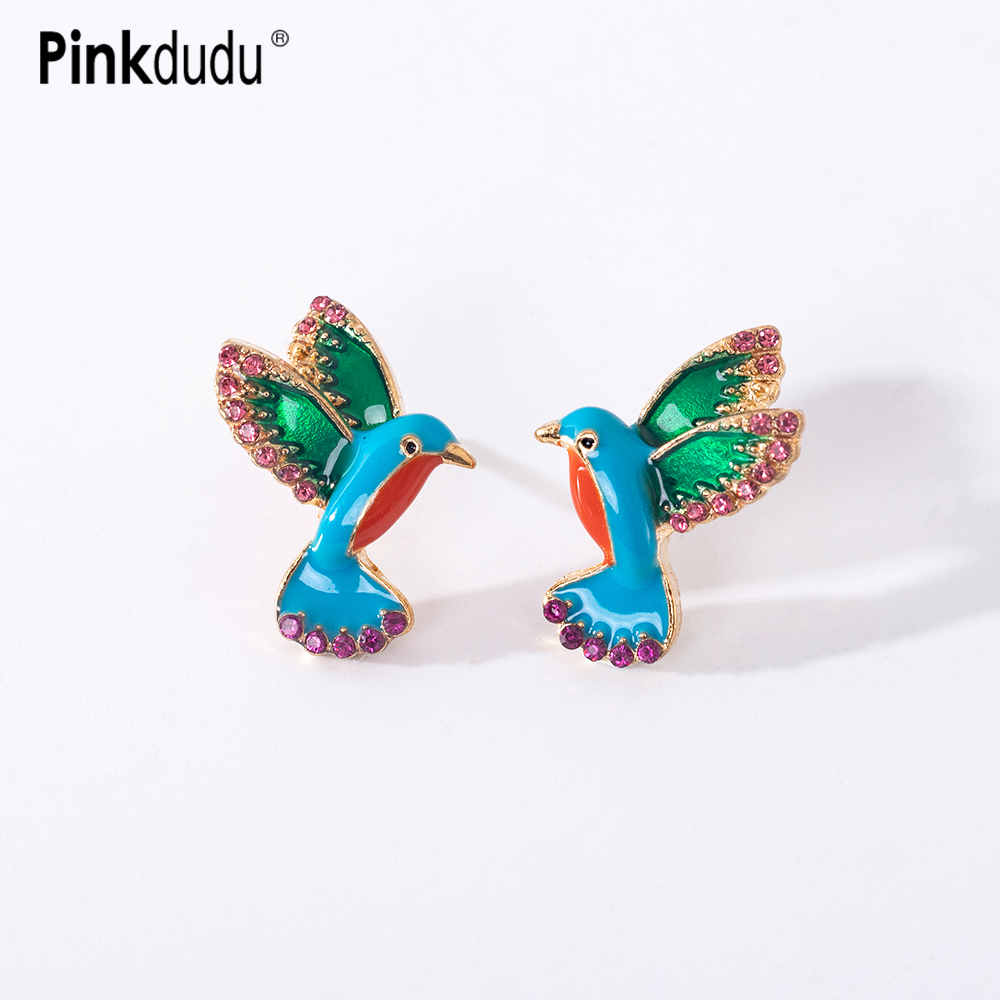 Pinkdudu Fashion Green Rhinestone Brinco De Pássaro Verde Vintage Blue Esmalte Animal Brincos Para Jóias Femininas Acessórios OG180