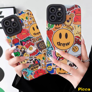 Marca Da Moda Estojo De Telefone Drew House Compatível Para iPhone 7 8 Plus 11 Pro Max XR 13 14 12 X XS Graffiti Cute Cartoon Bear Smiley Textura De Luxo Capa Macia De Couro