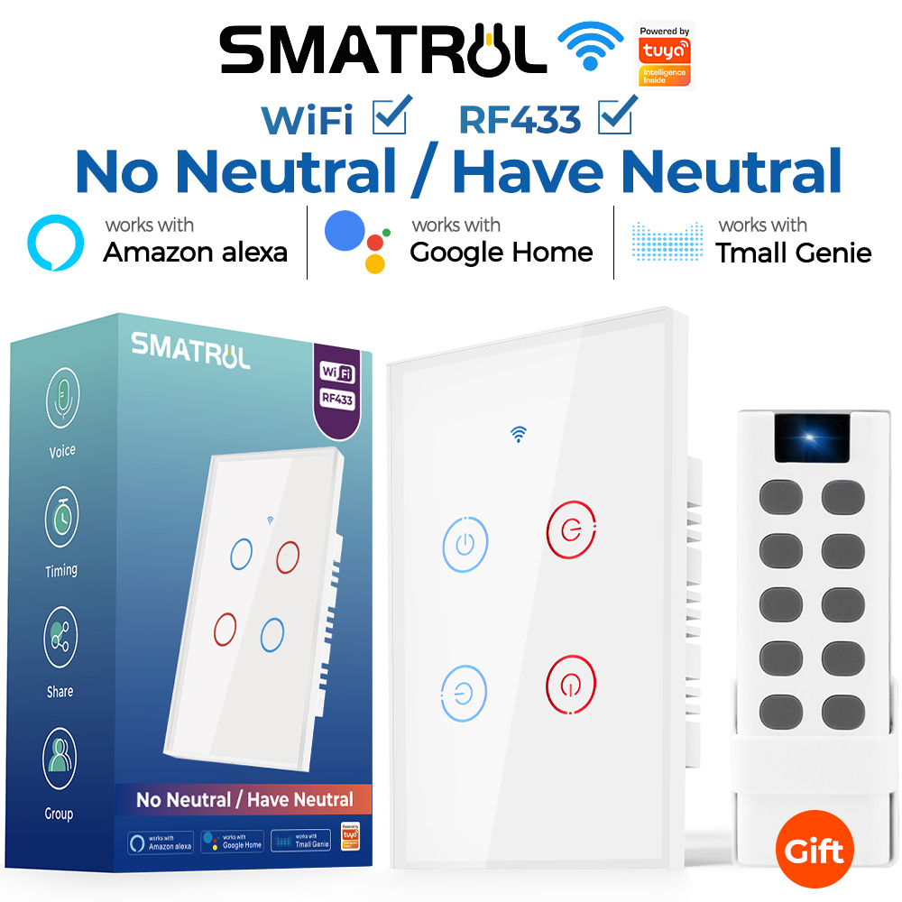 SMATRUL 110V-250V Interruptor De Parede Inteligente WiFi (Não É Necessário Neutro) RF 433Mhz Controle Remoto 1/2/3/4 Gang Light Voice Control Alexa Google Home