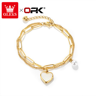 OLEVS Pulseira Feminina Aço Inoxidável Pérola Delicada Rosa Ouro GS1160