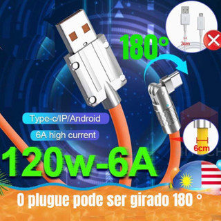 Cabo Micro Usb Tipo C Rotativo 180° /120W 6A Rápido Carregamento Fio Cabo Para Cabos De Carregador Do Telefone