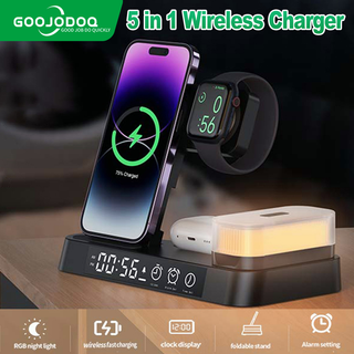 GOOJODOQ Carregador Sem Fio 5 Em 1 Para iPhone Watch Estação De Carregamento De Fones De Ouvido Com Despertador E Luz Noturna