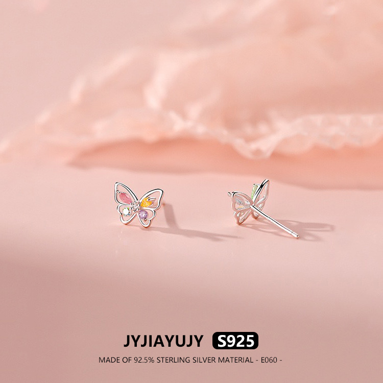 JYJIAYUJY 100 % Prata Esterlina S925 Brincos Tamanho 7 Mm Mini Formato De Borboleta Incrustado Com Zircônia Colorida Cor