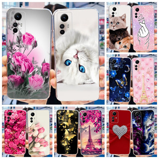 Xiaomi Redmi Nota 12S 4G 2023 Estojo De Silicone Macio Pintado Com Flor De Moda Gato TPU