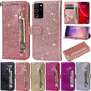 Caixa De Luxo Para Samsung Galaxy S21+ S20+ S10+ S20 FE 5G S21 Plus S20 Plus S10 Plus S21 Ultra S20 Ultra Zipper Carteira De Couro Com Brilho Pu Glitter Soft Proteção De Pele