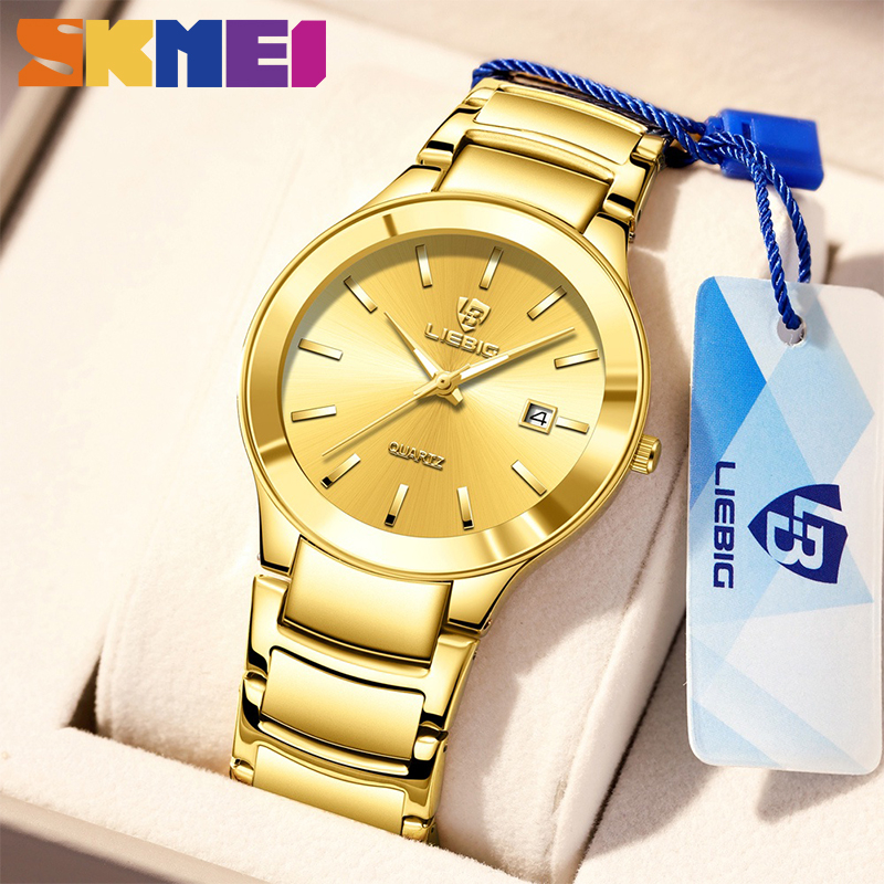 SKMEI Original Relógio Masculino Golden watch Esportivo De Quartzo De Casal De 30 Metros De Cinto De Aço À Prova D'água Mostrador Do Calendário