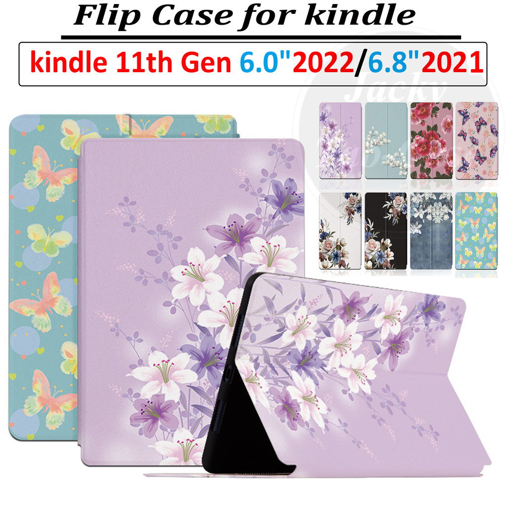 Para O kindle 11a Geração 2022 6.0 " C2V2L3 E-book Flip Case Paperwhite 5 M2L3EK M2L4EK 2021 6.8 " Butterfly Flowers Capa De Couro De PU À Prova De Suor