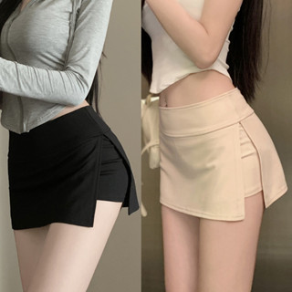 Saia De Verão Coreana Esticada Feminina Interior Fenda Lateral Anti-Luminescência Cor Sólida