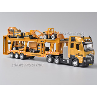 1 : 50 Modelo Diecast De Balança Trator De Brinquedo De Caminhão E Semi-Trailer De Transporte De Carros Com 5 Veículos De Engenharia Miniatura De Réplicas De Peças