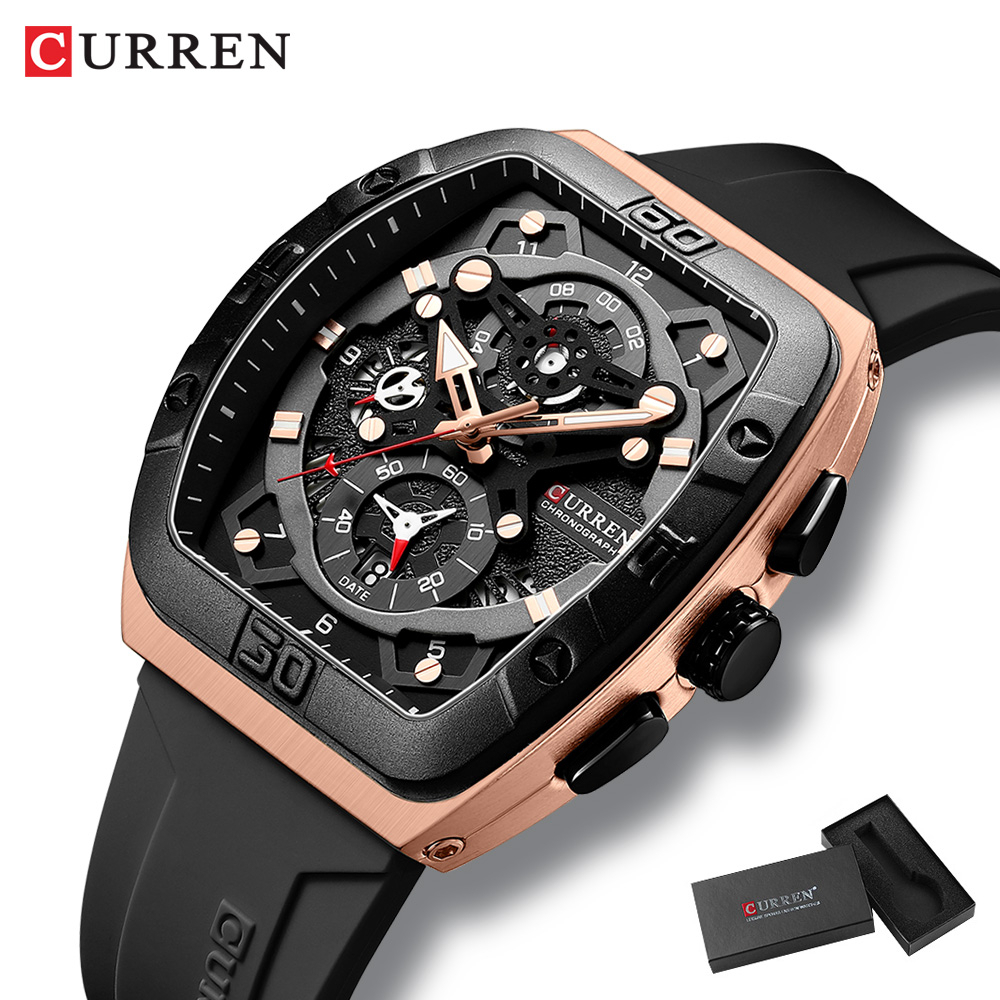 Novos Relógios Masculinos CURREN Original Marca Cronógrafo Multifuncional Genuíno Ponteiro Luminoso Discador De Silicone Correia Moda Casual Negócios Militares Quartzo À Prova D'água 8443