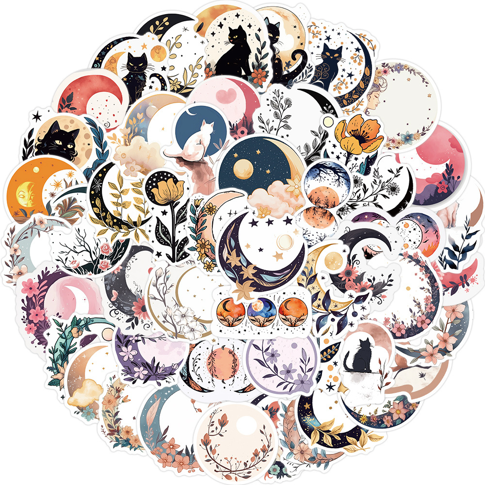 50PCS Moon Flower Cat Graffiti Stickers Para Bagagem De Gato Telefone Decalques Notebook Crianças Presente