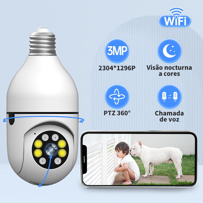 Lâmpada De Câmera FHD 3MP CCTV Wifi IP LED PTZ 360 Graus Segurança visão noturna Sem Fio Panorâmico Fisheye Two Way Audio Baby Monitor Rastreamento Automático