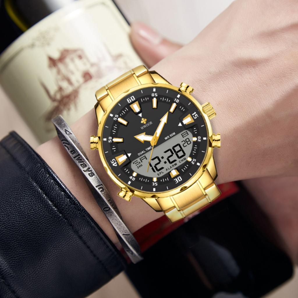 WWOOR Relogios Masculinos Moda Luminoso Digital Cinto de aço à prova d'água Multifuncional Ouro Relógio Empresarial relógio invicta-8890