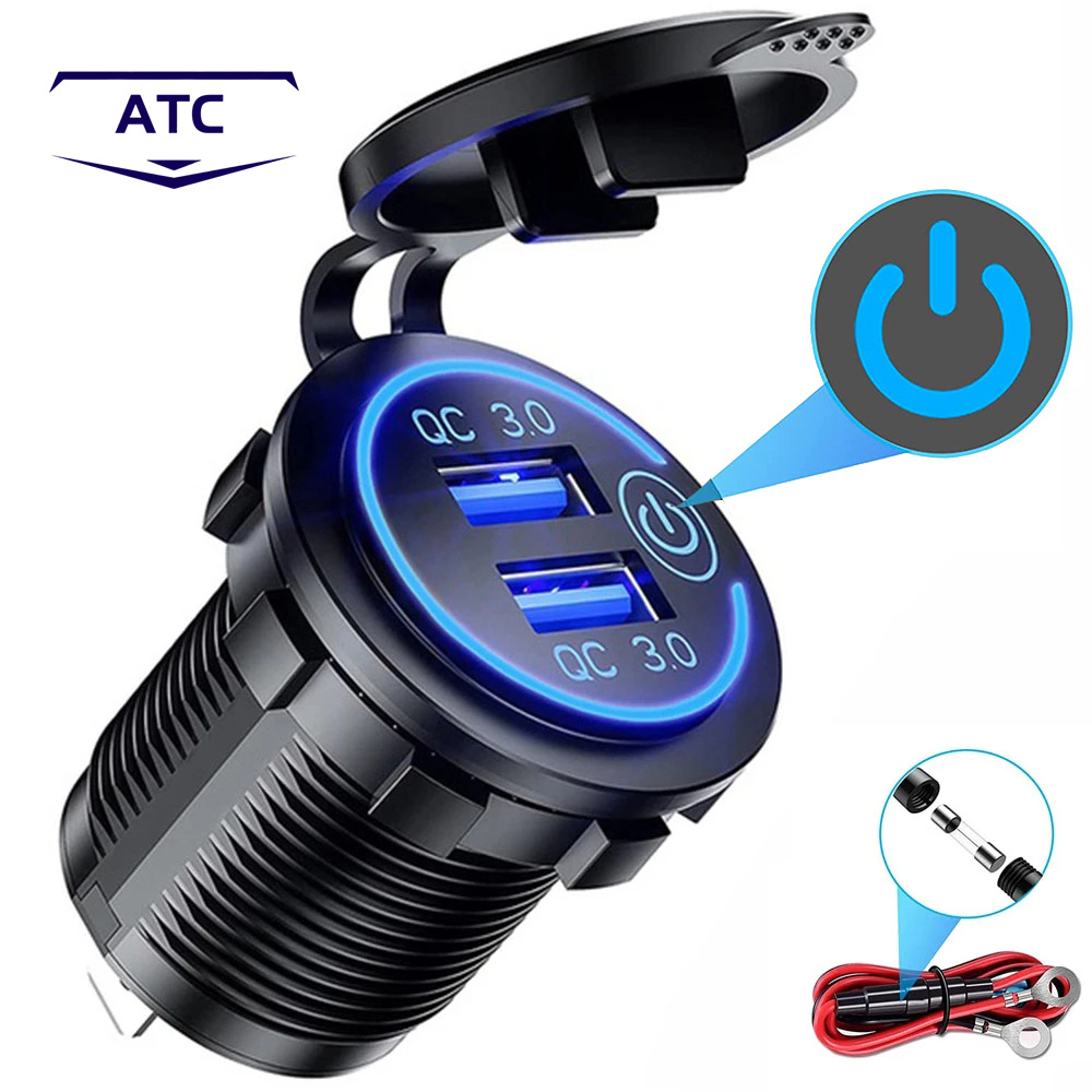 Carga Rápida 3.0 Acessórios De Soquete Duplo USB Para Carregador Rápido De Carro À Prova D'água 12V/24V QC3.0 Tomada De Alimentação Com Interruptor De Toque & Led Light