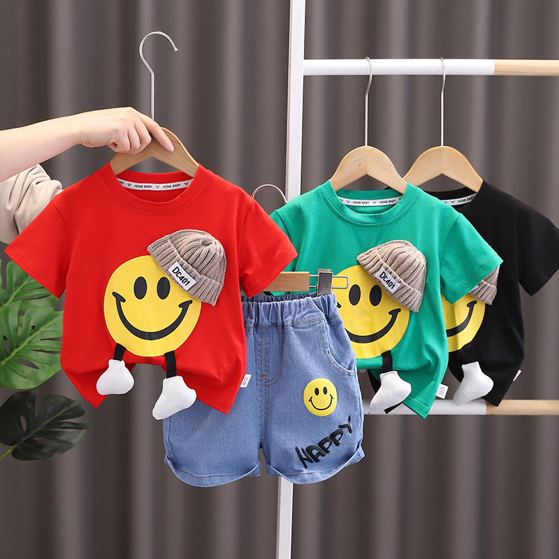 Novos Baby Boys Meninas Roupas De Verão Algodão Esportes Lazer Cara Sorridente Camiseta Calções Infantis Pista Conjunto 0-5 Anos