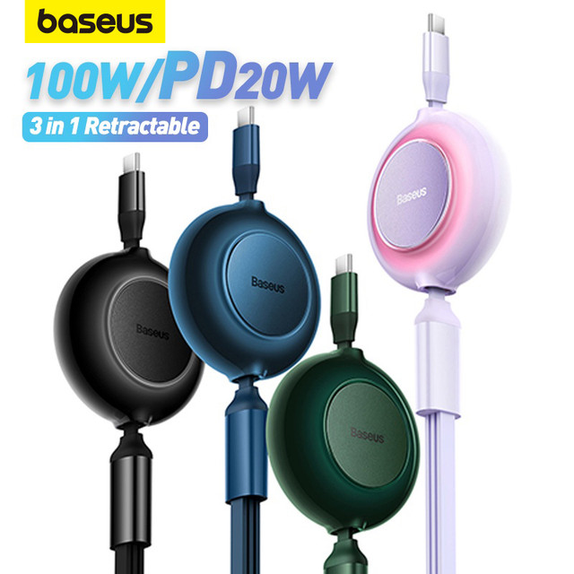 Baseus 3 in 1 Retractable 100W/66W USB Type C Cable for iPhone Macbook Pro Samsung Xiaomi