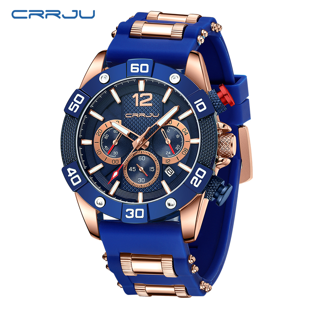 Relógio Original CRRJU Marca Multifuncional Azul Retro Estilo Silicone Correia De Moda Casual Militar Quartzo À Prova D'água 2292 XL