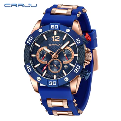 Relógio Original CRRJU Marca Multifuncional Azul Retro Estilo Silicone Correia De Moda Casual Militar Quartzo À Prova D'água 2292 XL