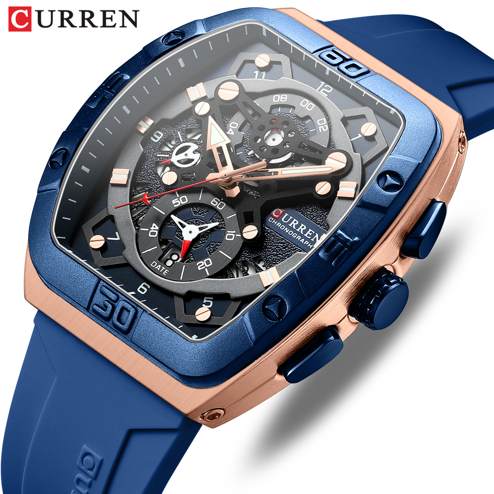 Novo CURREN Relógios Masculinos Originais Marca Top Chronograph Ponteiro Luminoso Discador De Silicone Correia Moda Casual Negócios Esportivos Quartzo À Prova D'água 8443 X