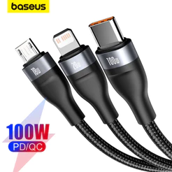 Cabo De Carregamento Rápido Baseus 100W Flash Series 3 Em 2 C + U Para M + L +