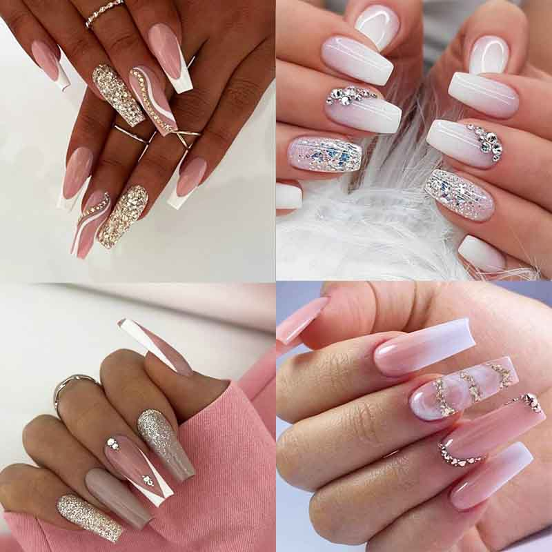 24 peça unhas postiças realista decoradas em gel francesinha com diamantes 3D arte unha bailarina brilhante